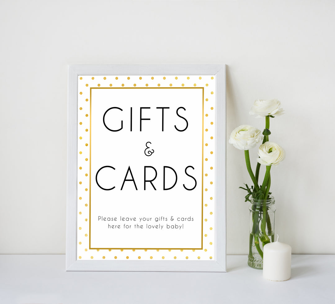 gifts and cards table signs, gifts cards baby signs, Baby gold dots baby decor, printable baby table signs, printable baby decor, baby gold glitter table signs, fun baby signs, baby gold fun baby table signs