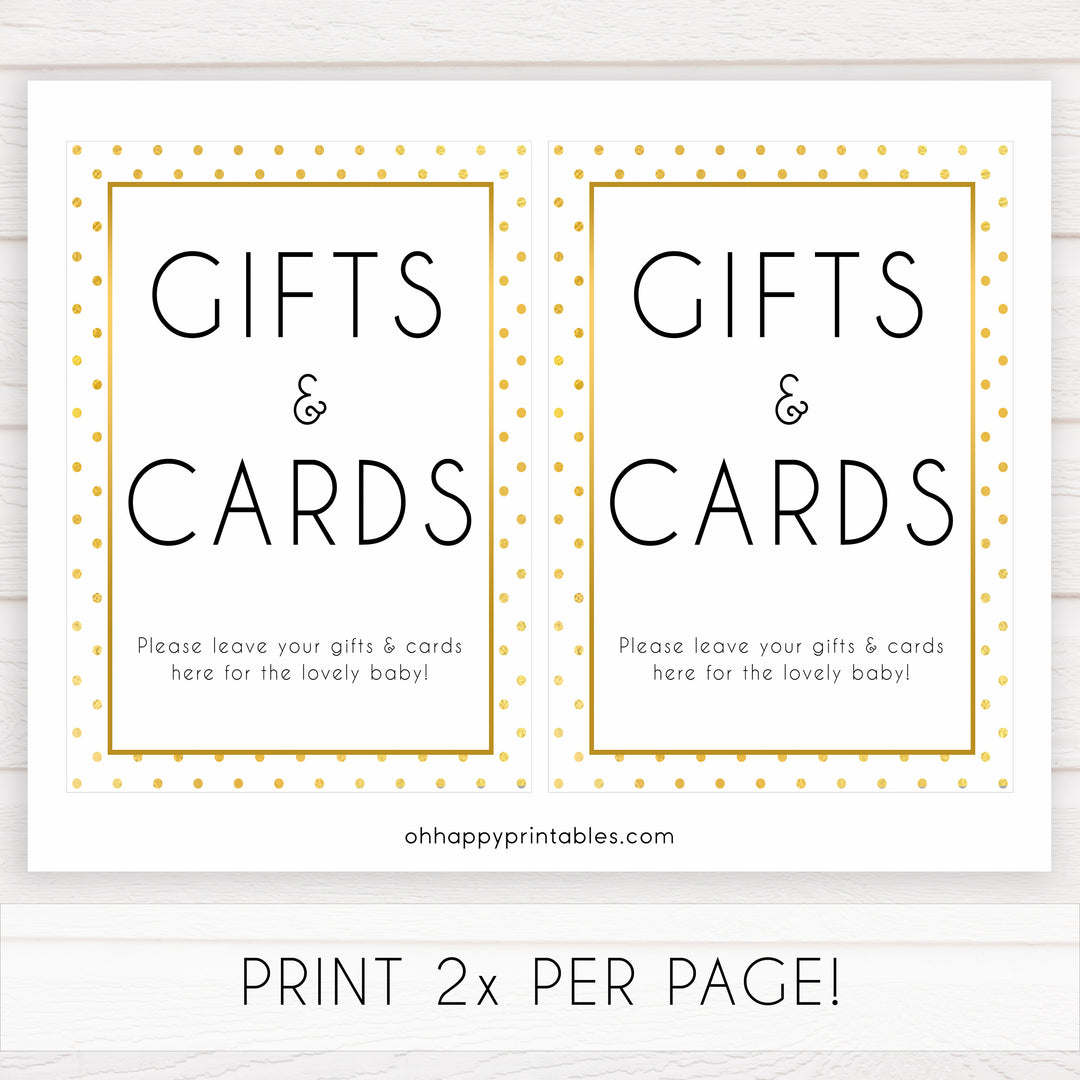 gifts and cards table signs, gifts cards baby signs, Baby gold dots baby decor, printable baby table signs, printable baby decor, baby gold glitter table signs, fun baby signs, baby gold fun baby table signs