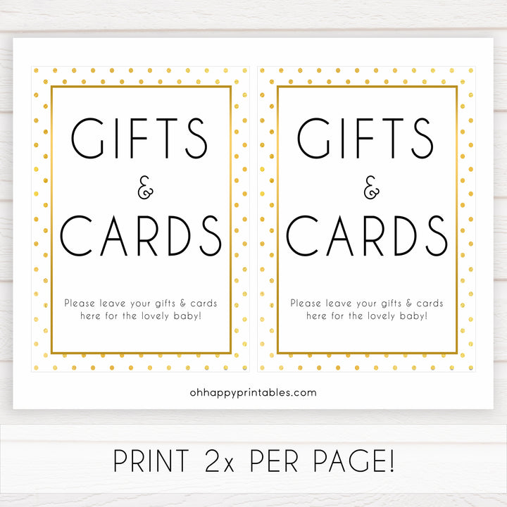 gifts and cards table signs, gifts cards baby signs, Baby gold dots baby decor, printable baby table signs, printable baby decor, baby gold glitter table signs, fun baby signs, baby gold fun baby table signs