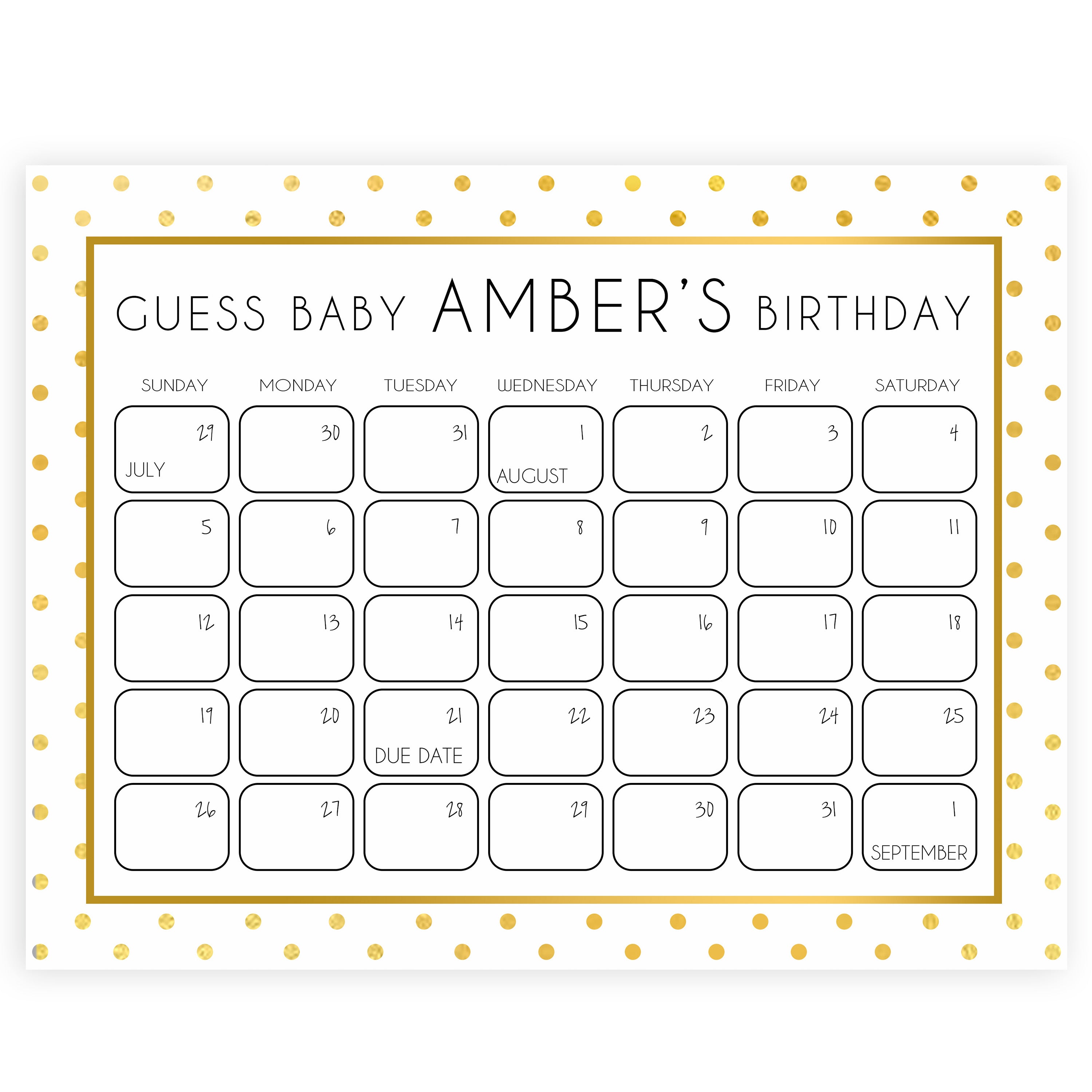 guess the baby birthday game, baby birth predictions game, printable baby shower games, fun baby shower games, gold baby shower games, gold baby shower decor