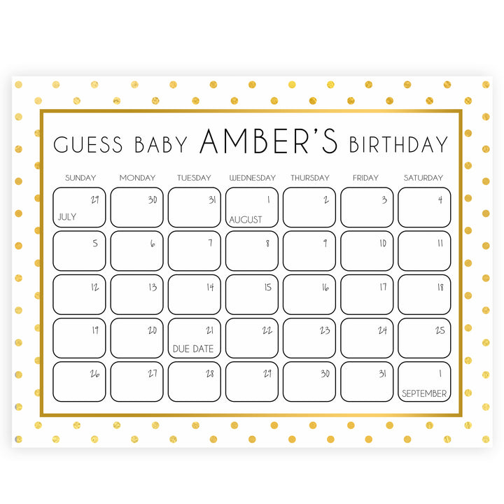 guess the baby birthday game, baby birth predictions game, printable baby shower games, fun baby shower games, gold baby shower games, gold baby shower decor