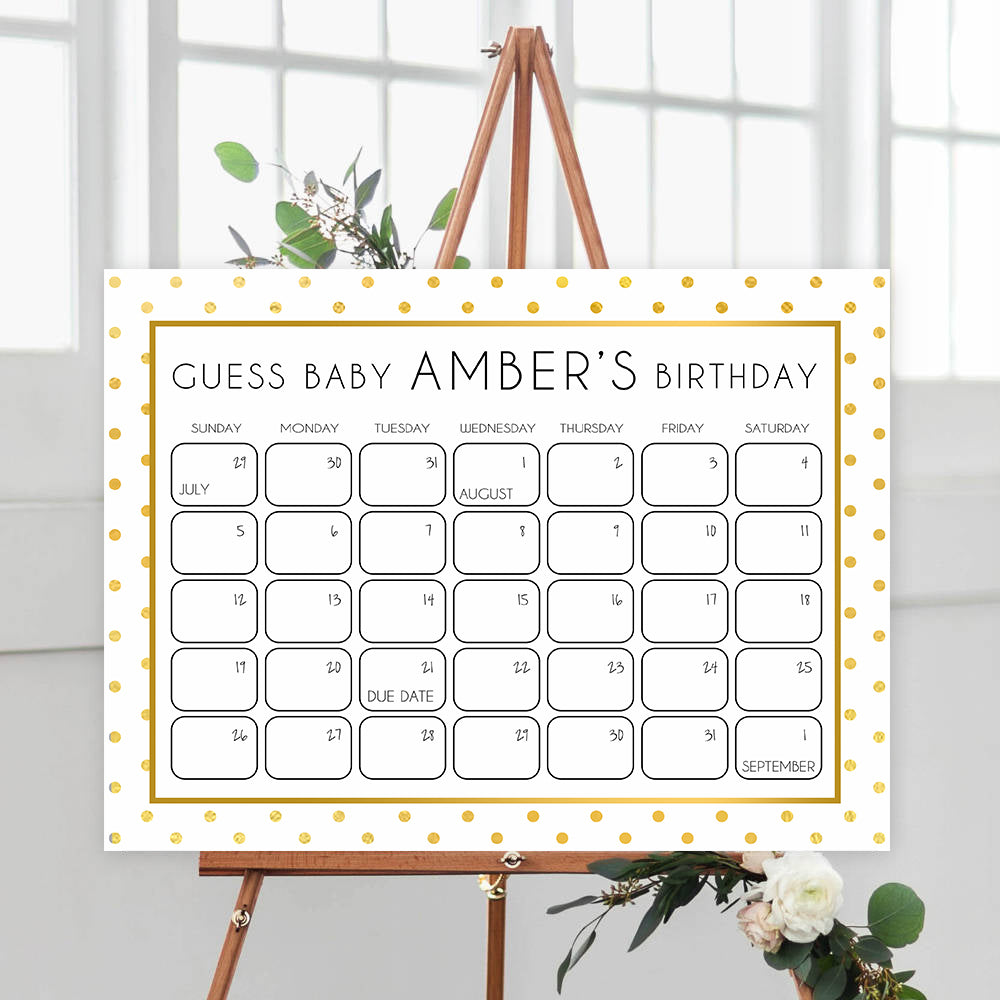 guess the baby birthday game, baby birth predictions game, printable baby shower games, fun baby shower games, gold baby shower games, gold baby shower decor