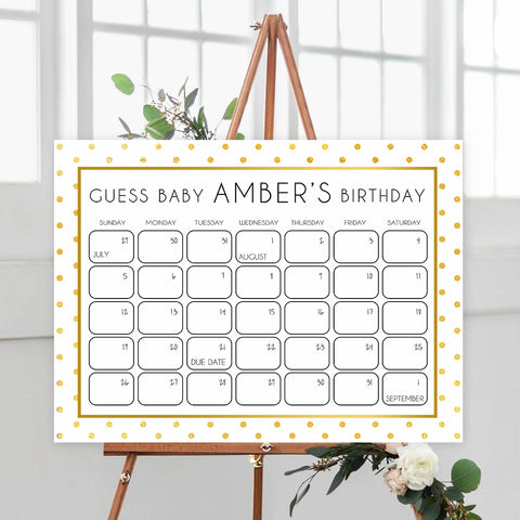 guess the baby birthday game, baby birth predictions game, printable baby shower games, fun baby shower games, gold baby shower games, gold baby shower decor