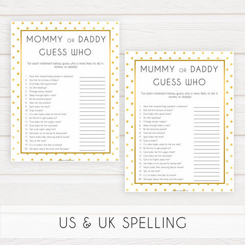 mommy or daddy guess who, guess who baby game, Printable baby shower games, baby gold dots fun baby games, baby shower games, fun baby shower ideas, top baby shower ideas, gold glitter shower baby shower, friends baby shower ideas