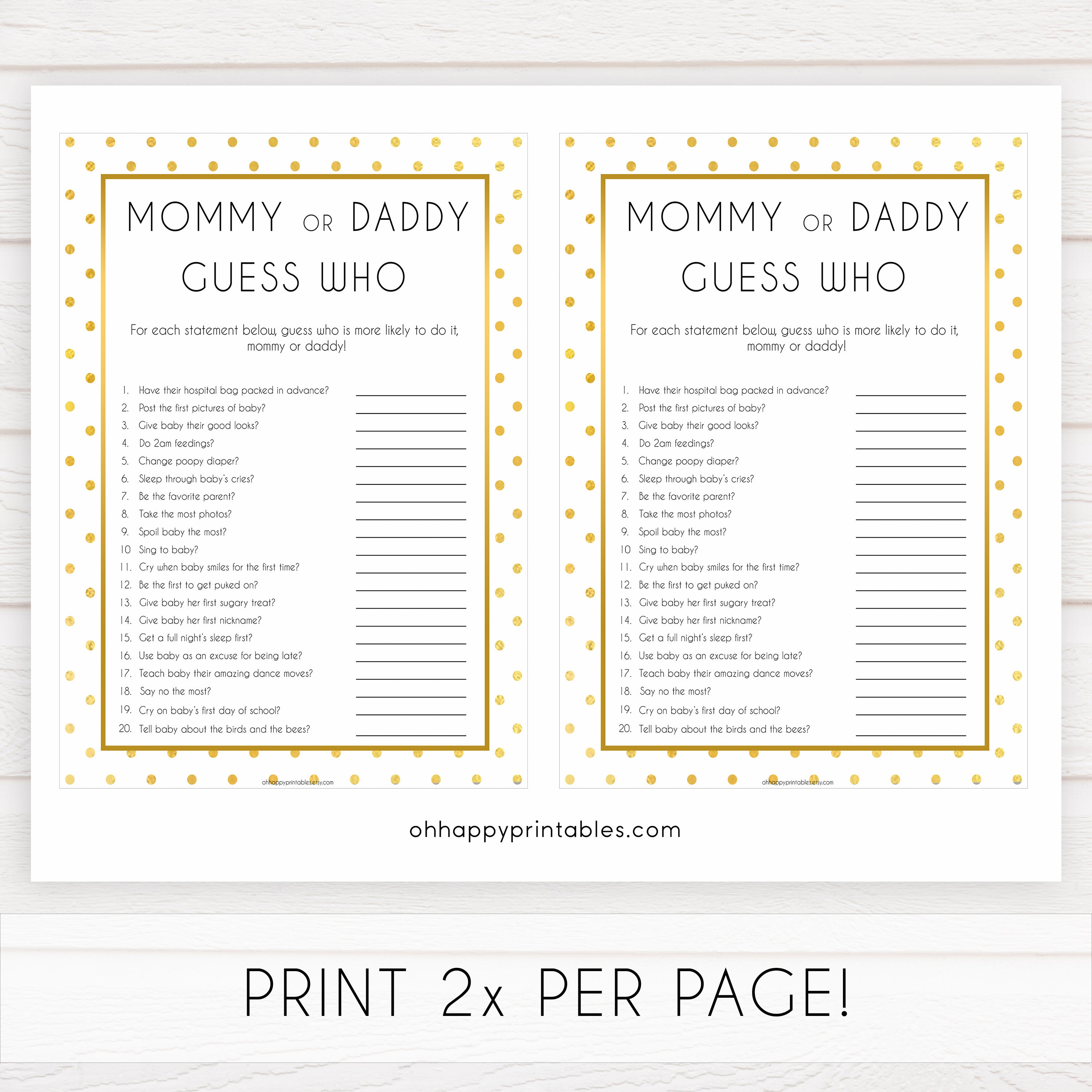 mommy or daddy guess who, guess who baby game, Printable baby shower games, baby gold dots fun baby games, baby shower games, fun baby shower ideas, top baby shower ideas, gold glitter shower baby shower, friends baby shower ideas