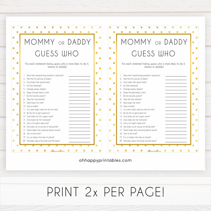 mommy or daddy guess who, guess who baby game, Printable baby shower games, baby gold dots fun baby games, baby shower games, fun baby shower ideas, top baby shower ideas, gold glitter shower baby shower, friends baby shower ideas