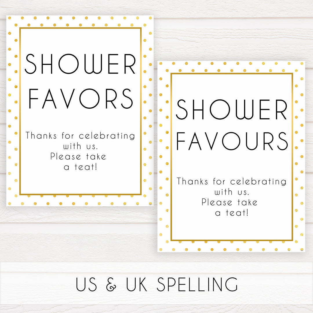 shower favors baby table sign, favors table sign, Printable baby shower games, baby gold dots fun baby games, baby shower games, fun baby shower ideas, top baby shower ideas, gold glitter shower baby shower, friends baby shower ideas