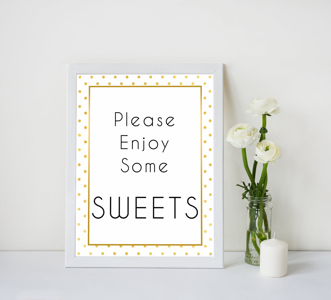 sweets baby table sign, sweets baby signs, Baby gold dots baby decor, printable baby table signs, printable baby decor, baby gold glitter table signs, fun baby signs, baby gold fun baby table signs