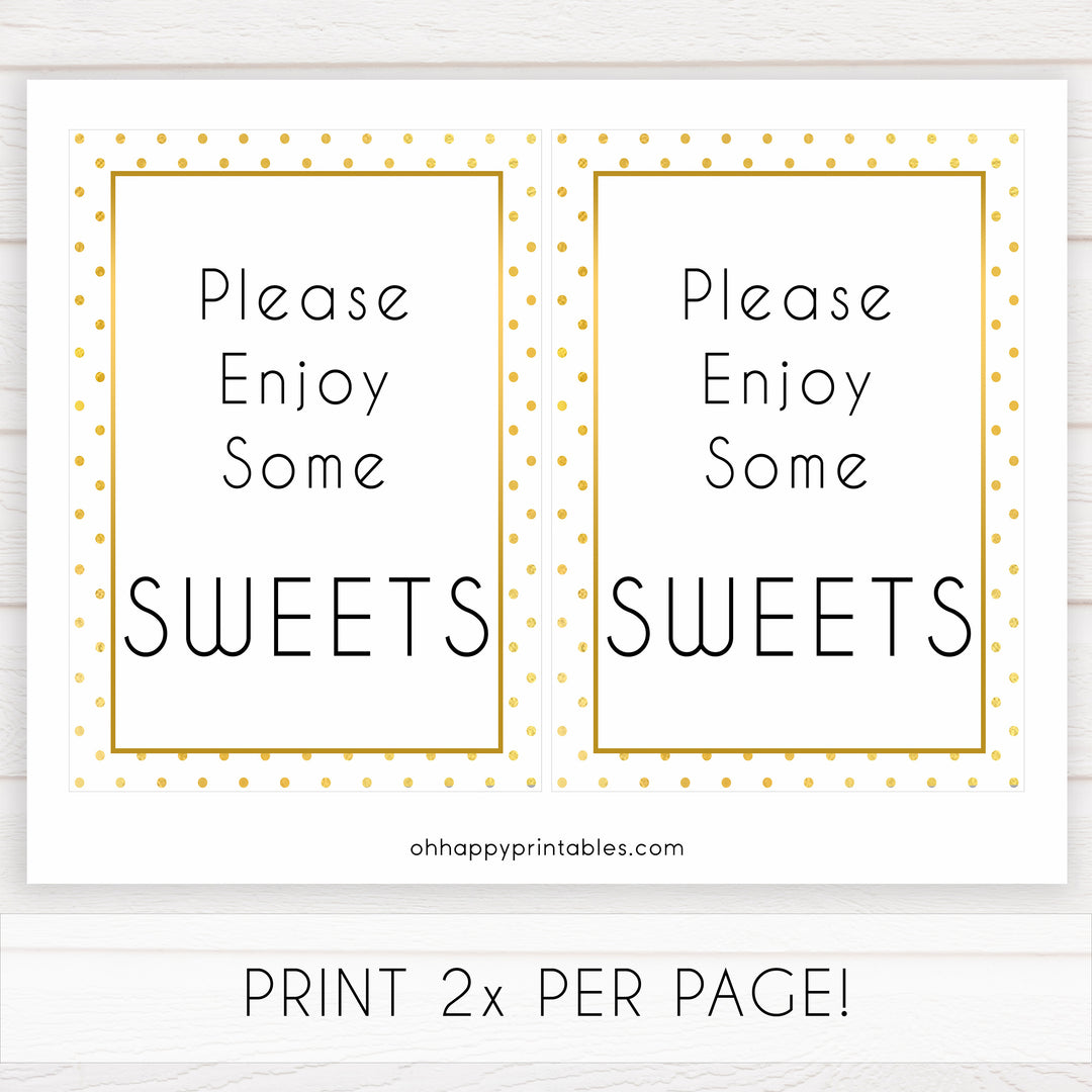 sweets baby table sign, sweets baby signs, Baby gold dots baby decor, printable baby table signs, printable baby decor, baby gold glitter table signs, fun baby signs, baby gold fun baby table signs