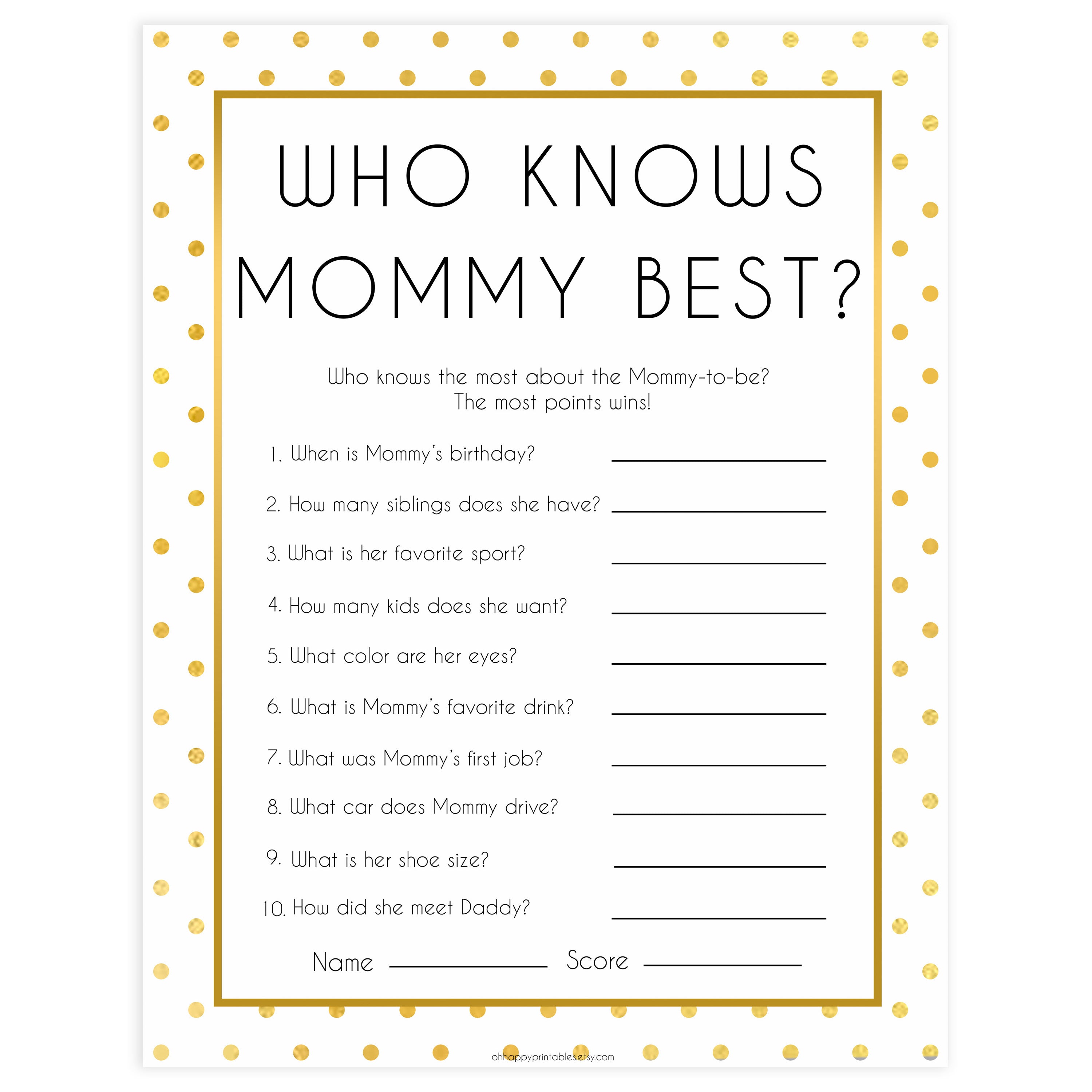 who knows mommy best game, who knows mummy game, Printable baby shower games, baby gold dots fun baby games, baby shower games, fun baby shower ideas, top baby shower ideas, gold glitter shower baby shower, friends baby shower ideas