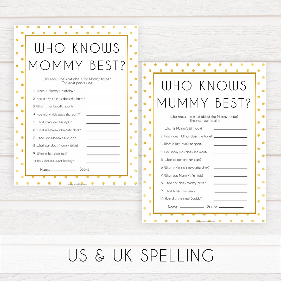 who knows mommy best game, who knows mummy game, Printable baby shower games, baby gold dots fun baby games, baby shower games, fun baby shower ideas, top baby shower ideas, gold glitter shower baby shower, friends baby shower ideas