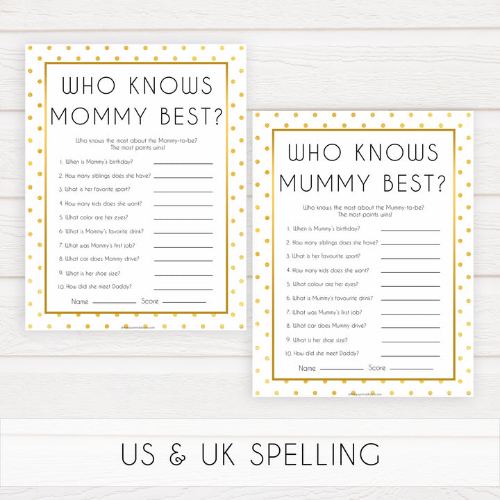 who knows mommy best game, who knows mummy game, Printable baby shower games, baby gold dots fun baby games, baby shower games, fun baby shower ideas, top baby shower ideas, gold glitter shower baby shower, friends baby shower ideas