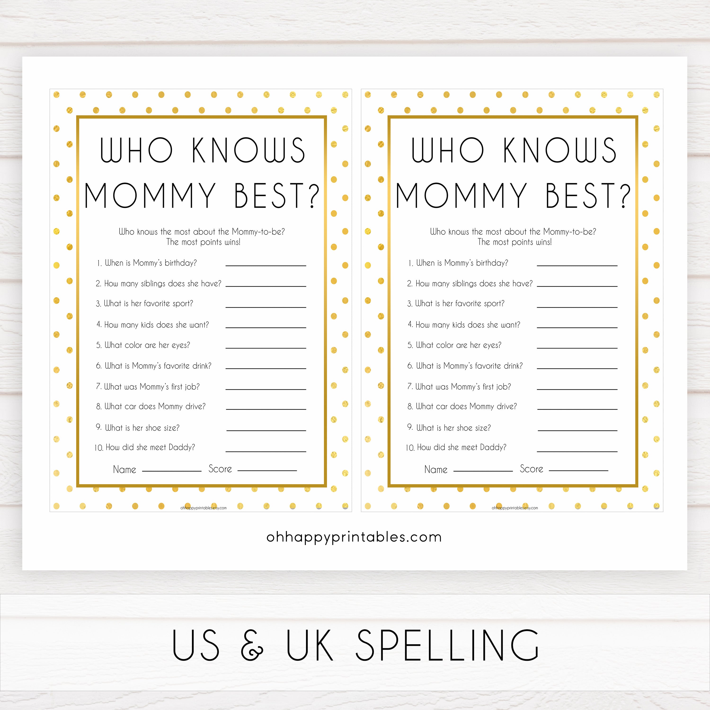 who knows mommy best game, who knows mummy game, Printable baby shower games, baby gold dots fun baby games, baby shower games, fun baby shower ideas, top baby shower ideas, gold glitter shower baby shower, friends baby shower ideas