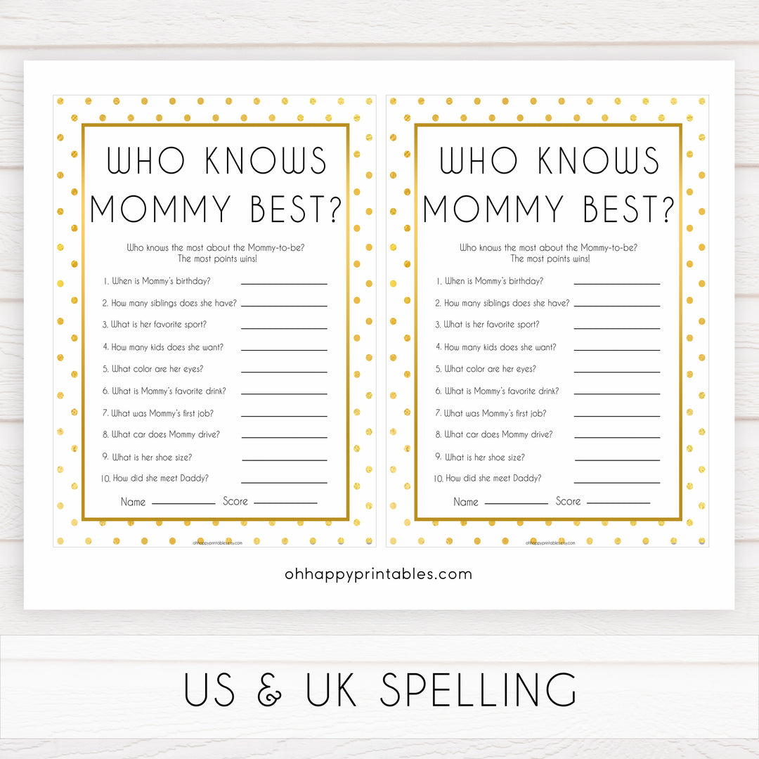 who knows mommy best game, who knows mummy game, Printable baby shower games, baby gold dots fun baby games, baby shower games, fun baby shower ideas, top baby shower ideas, gold glitter shower baby shower, friends baby shower ideas