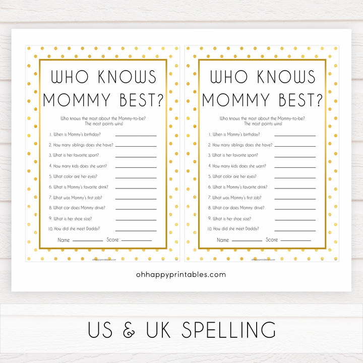 who knows mommy best game, who knows mummy game, Printable baby shower games, baby gold dots fun baby games, baby shower games, fun baby shower ideas, top baby shower ideas, gold glitter shower baby shower, friends baby shower ideas