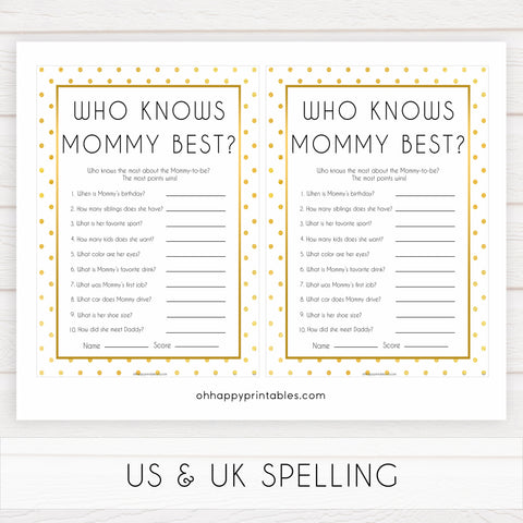 who knows mommy best game, who knows mummy game, Printable baby shower games, baby gold dots fun baby games, baby shower games, fun baby shower ideas, top baby shower ideas, gold glitter shower baby shower, friends baby shower ideas