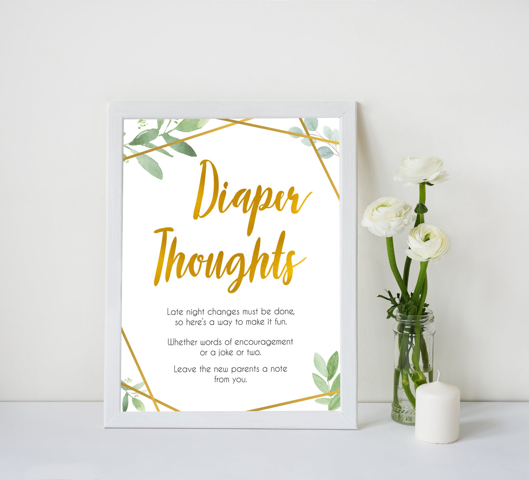 gold geometric diaper thoughts baby shower games, printable baby shower games, fun baby games, popular baby games, gold baby games