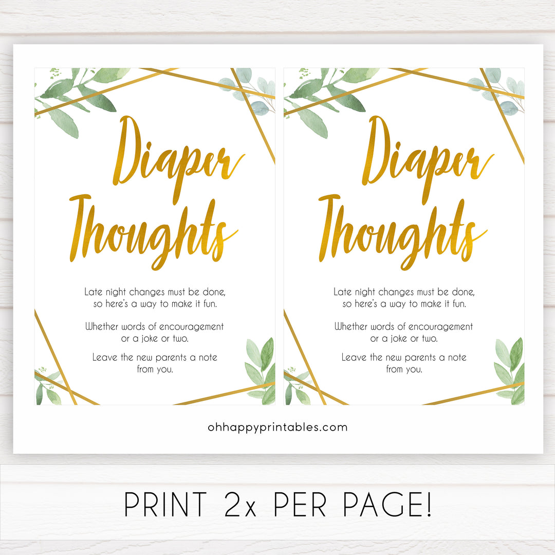 gold geometric diaper thoughts baby shower games, printable baby shower games, fun baby games, popular baby games, gold baby games