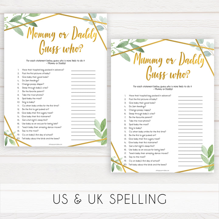 gold geometric mommy daddy guess who baby shower games, printable baby shower games, fun baby games, popular baby games, gold baby games