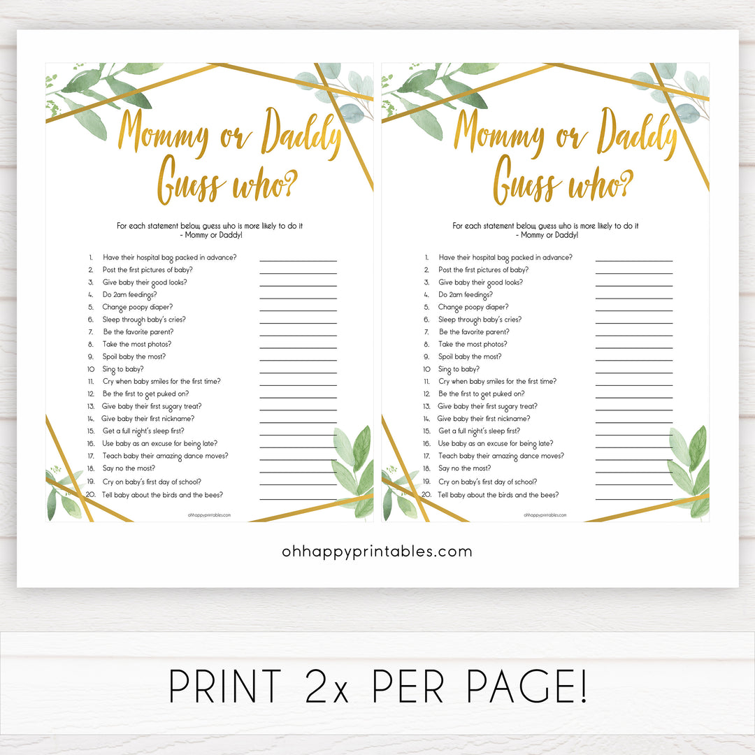 gold geometric mommy daddy guess who baby shower games, printable baby shower games, fun baby games, popular baby games, gold baby games