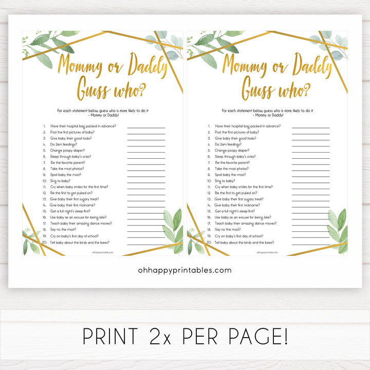 gold geometric mommy daddy guess who baby shower games, printable baby shower games, fun baby games, popular baby games, gold baby games