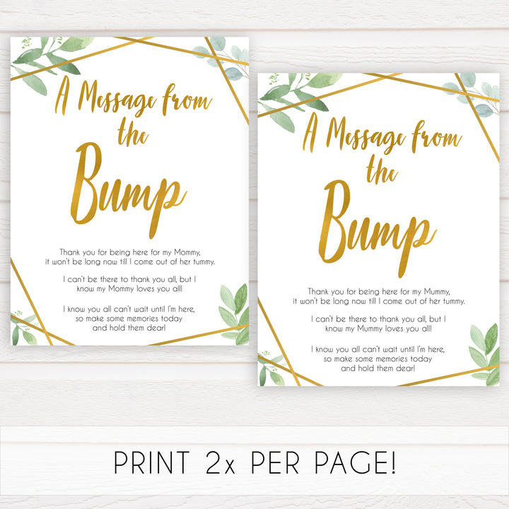 gold geometric message from the bump baby shower games, printable baby shower games, fun baby games, popular baby games, gold baby games
