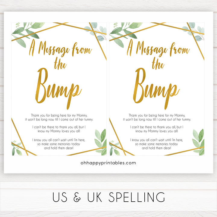 gold geometric message from the bump baby shower games, printable baby shower games, fun baby games, popular baby games, gold baby games