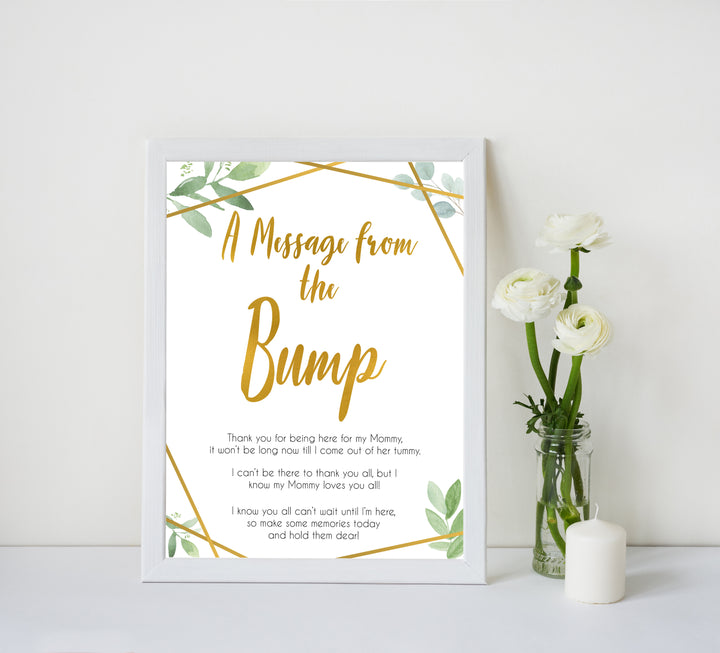 gold geometric message from the bump baby shower games, printable baby shower games, fun baby games, popular baby games, gold baby games