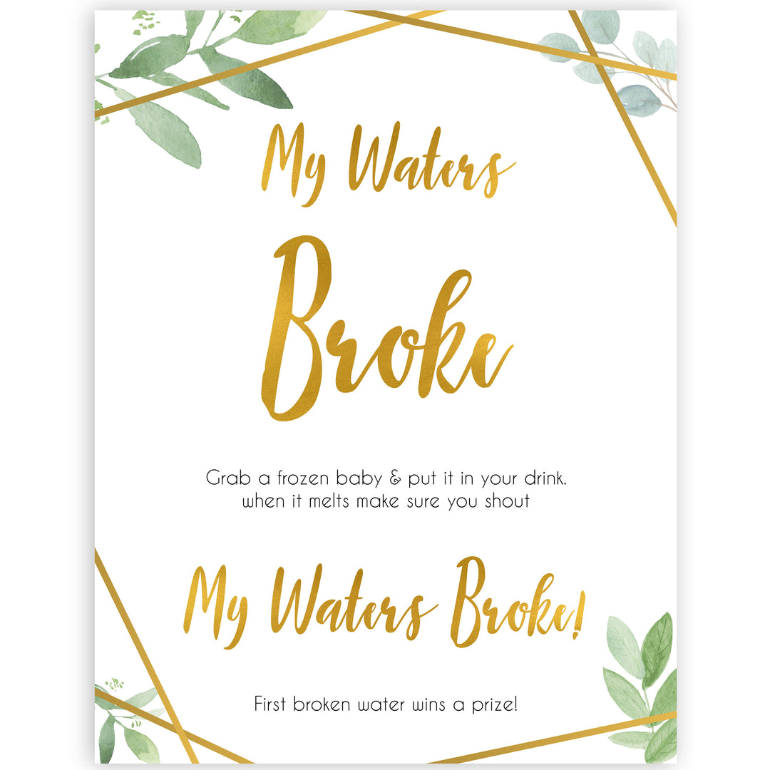 gold geometric my waters broke baby shower games, printable baby shower games, fun baby games, popular baby games, gold baby games