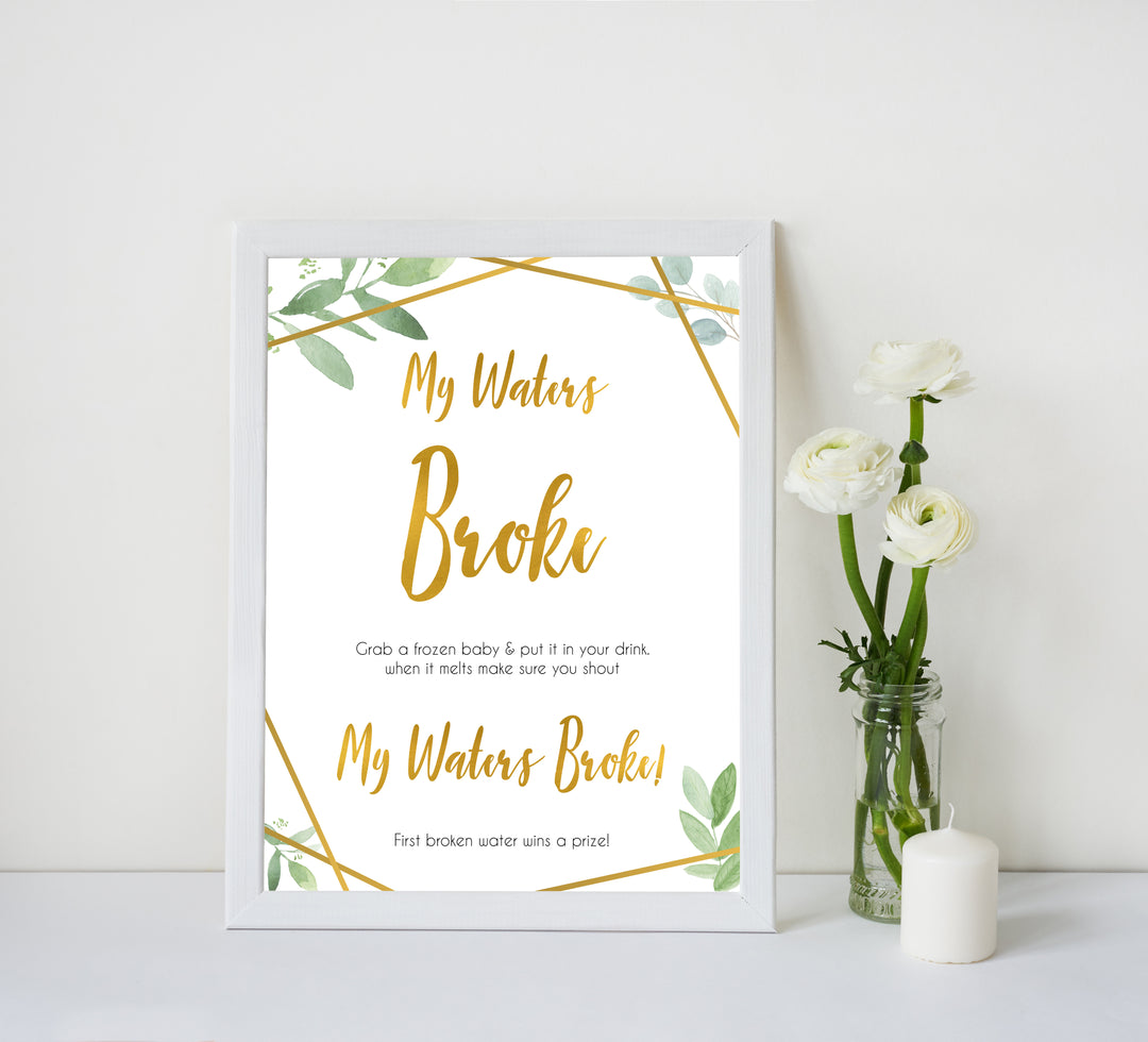 gold geometric my waters broke baby shower games, printable baby shower games, fun baby games, popular baby games, gold baby games