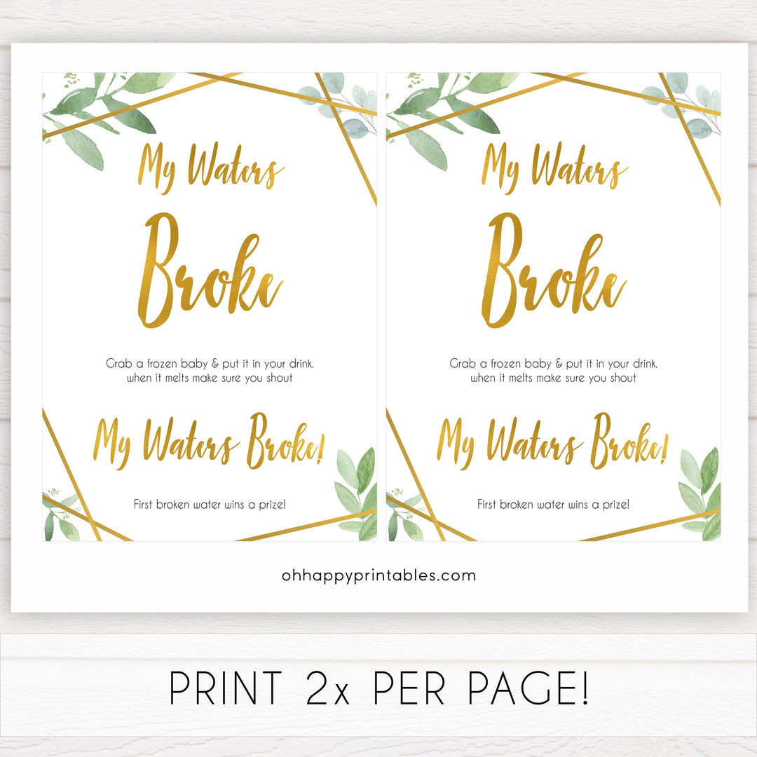 gold geometric my waters broke baby shower games, printable baby shower games, fun baby games, popular baby games, gold baby games