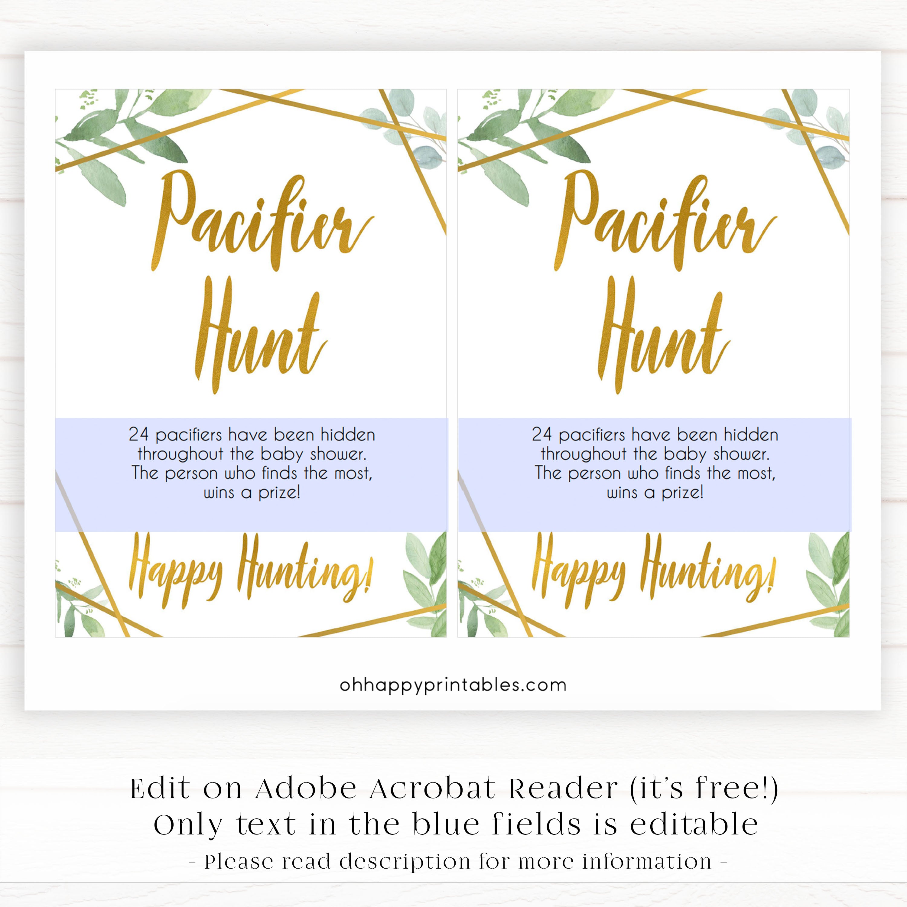pacifier hunt game, Printable baby shower games, geometric fun baby games, baby shower games, fun baby shower ideas, top baby shower ideas, gold baby shower, blue baby shower ideas