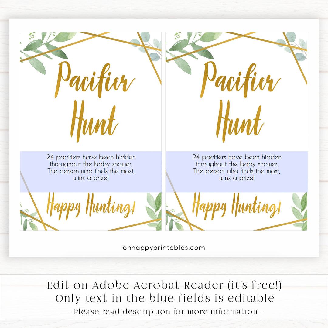 pacifier hunt game, Printable baby shower games, geometric fun baby games, baby shower games, fun baby shower ideas, top baby shower ideas, gold baby shower, blue baby shower ideas