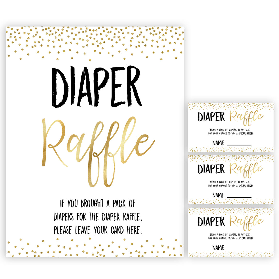 gold glitter diaper raffle baby shower games, gold baby games, printable baby games, baby shower games, print baby games