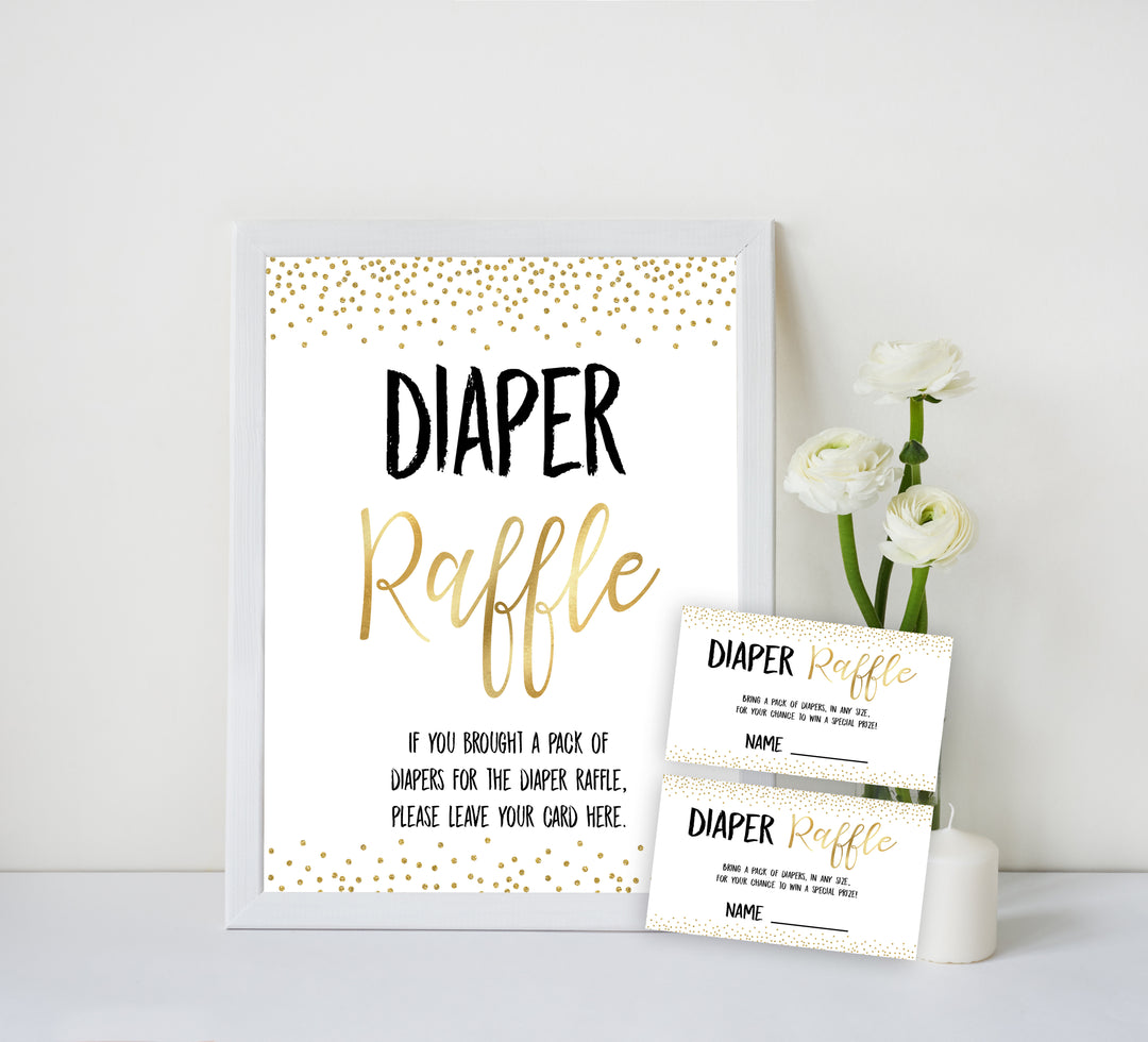 gold glitter diaper raffle baby shower games, gold baby games, printable baby games, baby shower games, print baby games