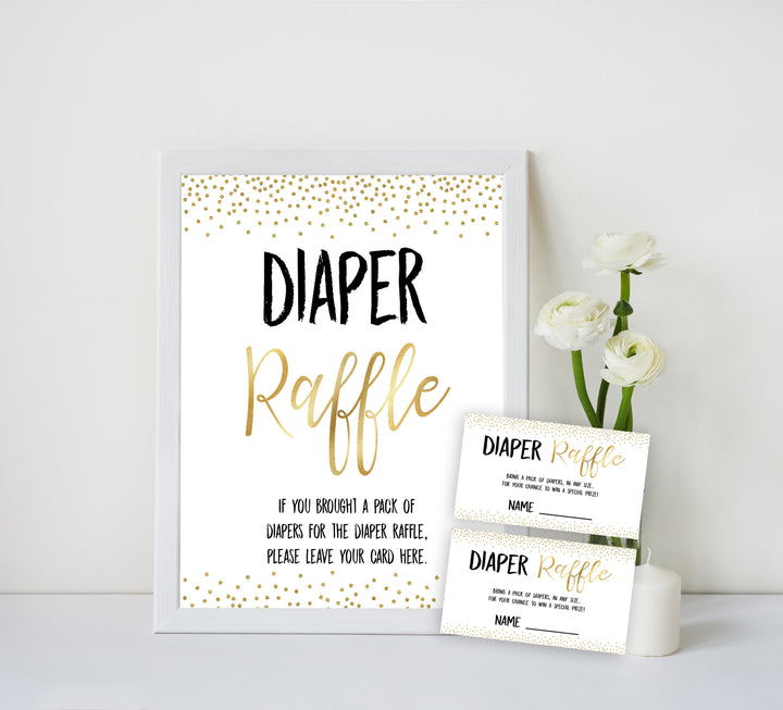 gold glitter diaper raffle baby shower games, gold baby games, printable baby games, baby shower games, print baby games