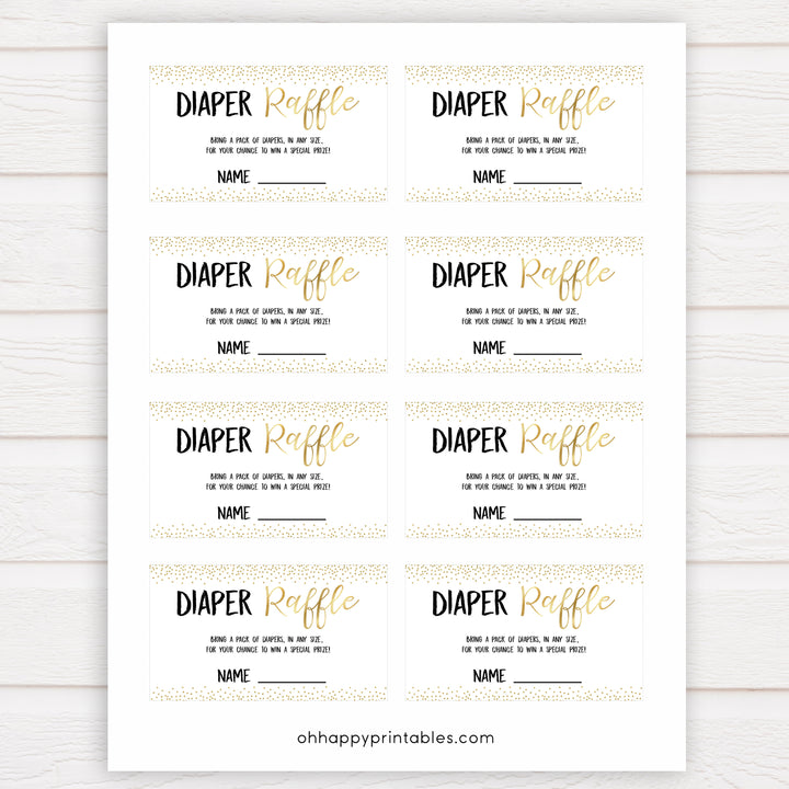 gold glitter diaper raffle baby shower games, gold baby games, printable baby games, baby shower games, print baby games