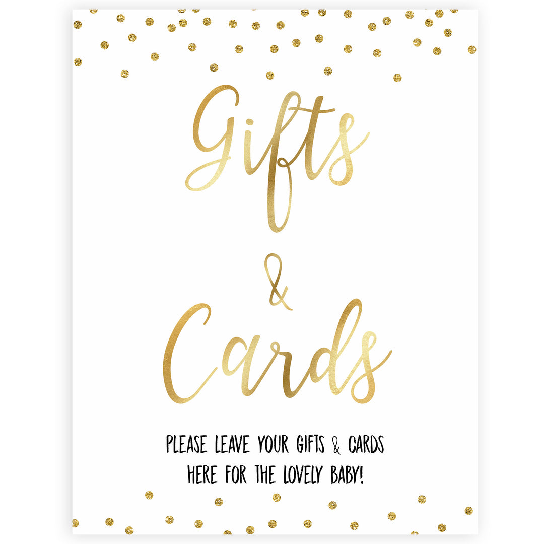 gold glitter baby signs, printable baby signs, gifts and cards baby signs, drinks baby decor, gold baby decor, fun baby shower ideas