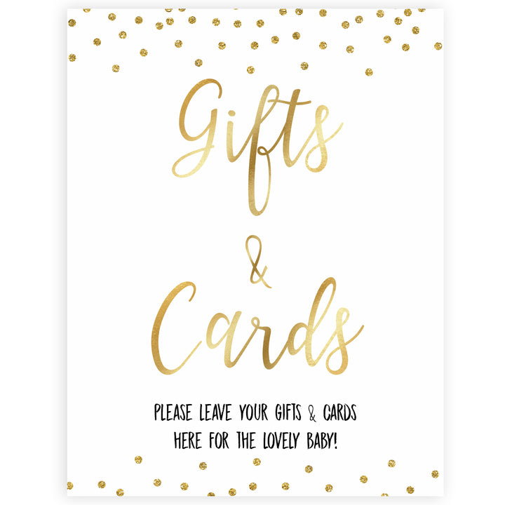 gold glitter baby signs, printable baby signs, gifts and cards baby signs, drinks baby decor, gold baby decor, fun baby shower ideas