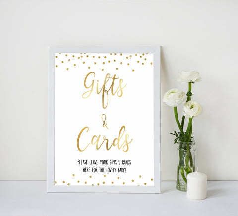 gold glitter baby signs, printable baby signs, gifts and cards baby signs, drinks baby decor, gold baby decor, fun baby shower ideas
