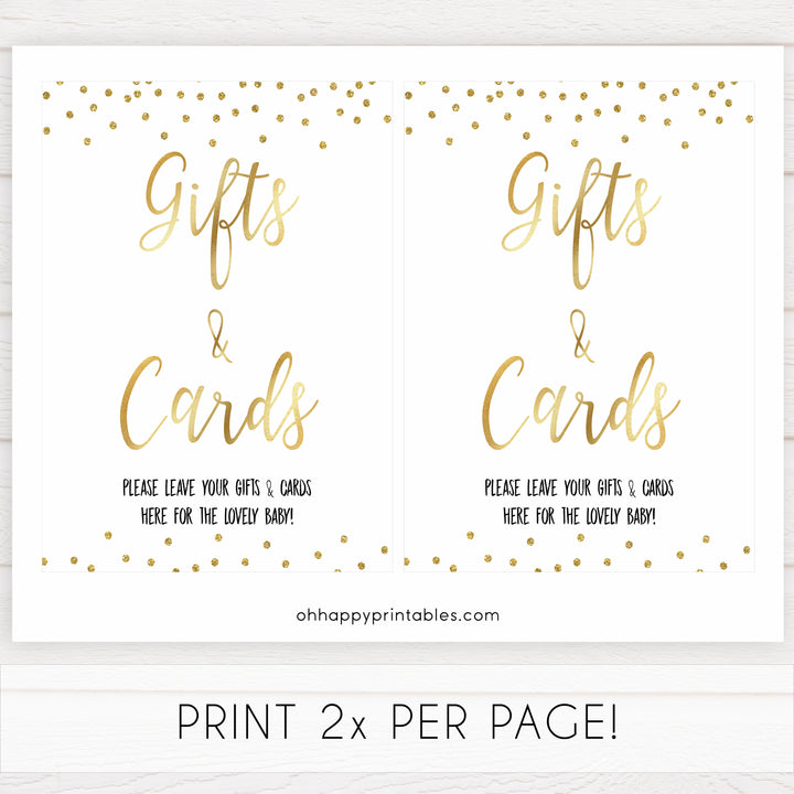 gold glitter baby signs, printable baby signs, gifts and cards baby signs, drinks baby decor, gold baby decor, fun baby shower ideas