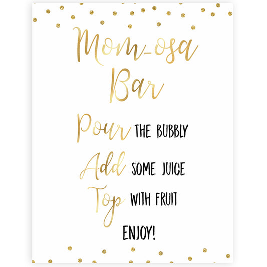 gold glitter baby signs, printable baby signs, momosa baby signs, drinks baby decor, gold baby decor, fun baby shower ideas