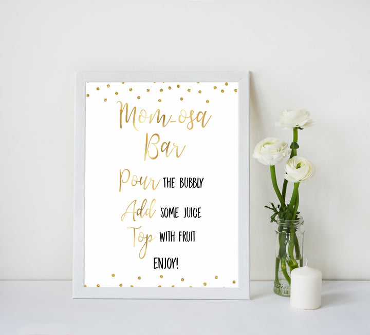gold glitter baby signs, printable baby signs, momosa baby signs, drinks baby decor, gold baby decor, fun baby shower ideas