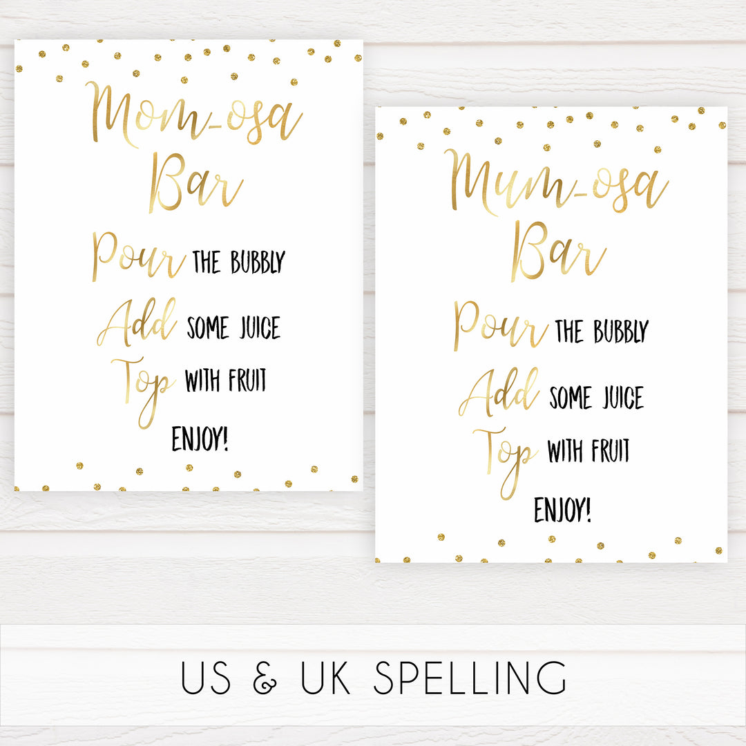 gold glitter baby signs, printable baby signs, momosa baby signs, drinks baby decor, gold baby decor, fun baby shower ideas