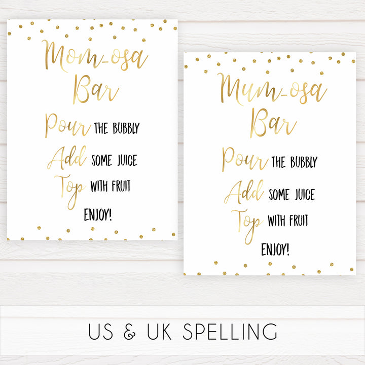 gold glitter baby signs, printable baby signs, momosa baby signs, drinks baby decor, gold baby decor, fun baby shower ideas