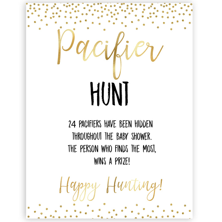 gold glitter pacifier hunt game, gold baby games, printable baby shower games, baby shower games, fun baby games, popular baby games