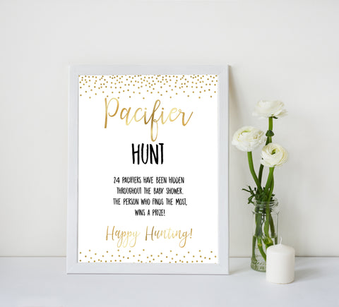 gold glitter pacifier hunt game, gold baby games, printable baby shower games, baby shower games, fun baby games, popular baby games