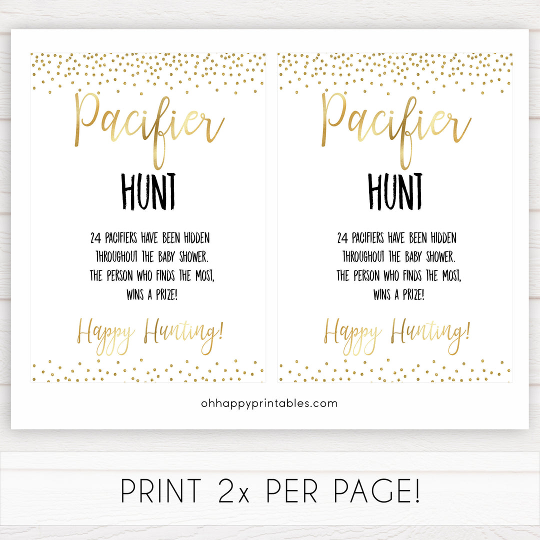 gold glitter pacifier hunt game, gold baby games, printable baby shower games, baby shower games, fun baby games, popular baby games