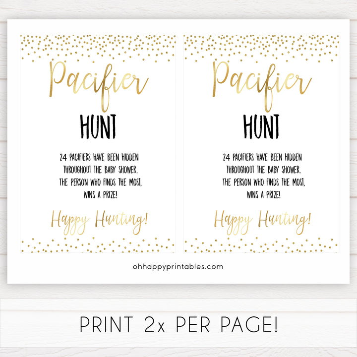 gold glitter pacifier hunt game, gold baby games, printable baby shower games, baby shower games, fun baby games, popular baby games