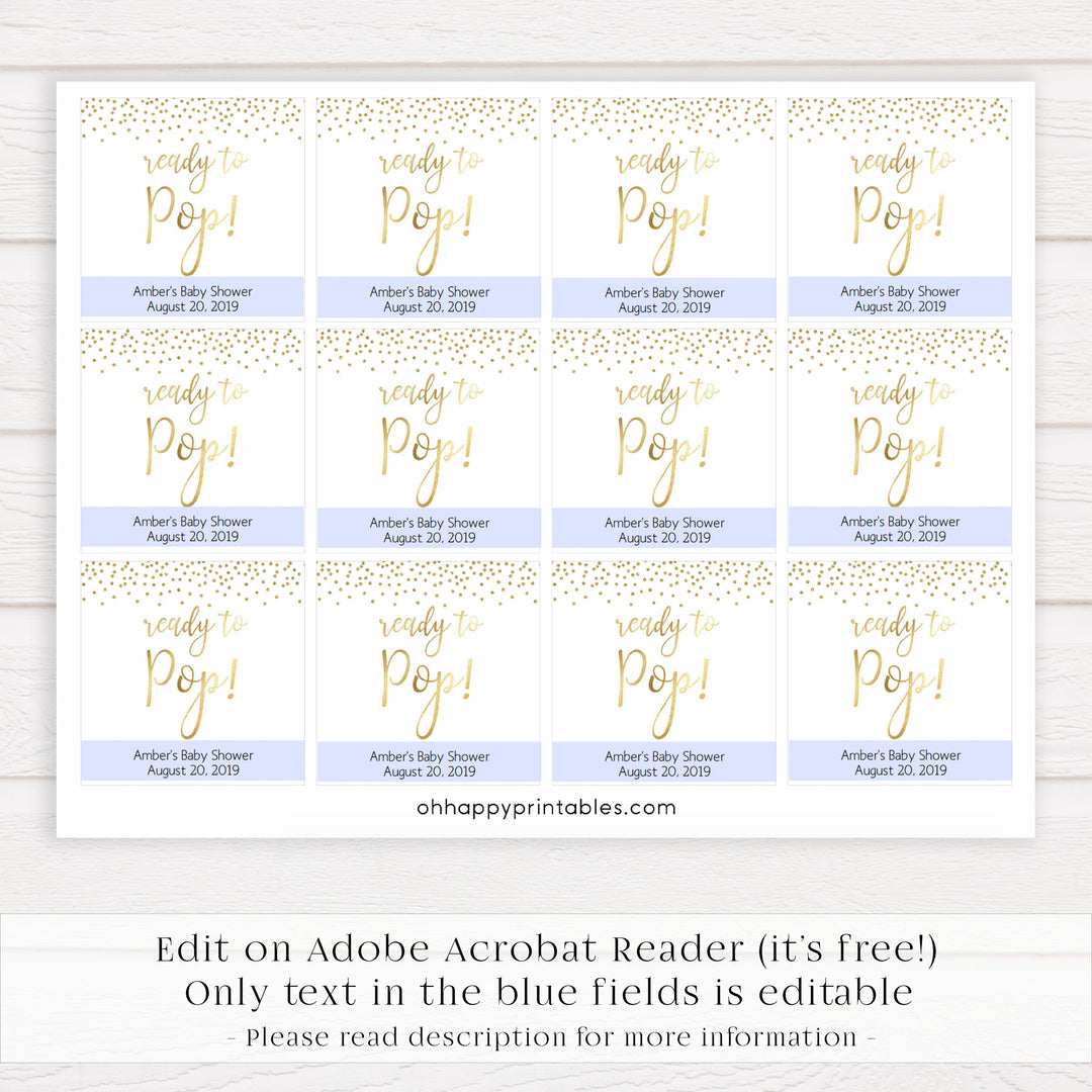 gold glitter ready to pop tag, printable ready to pop tag, editable baby tags, printable baby decor, gold glitter baby shower